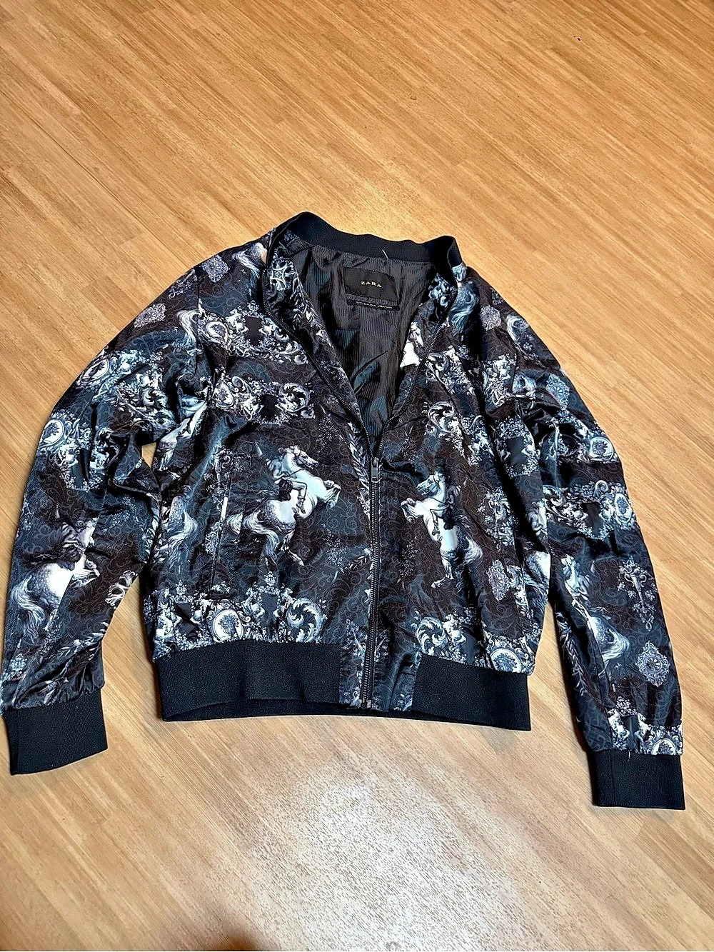 ZARA Baroque Equestrian Print Bomber Jacket Black & Gray